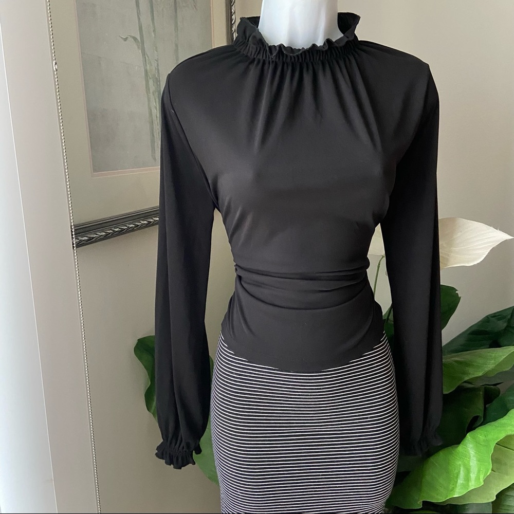 Zara black ruffle mock neck long ballon sleeve blouse